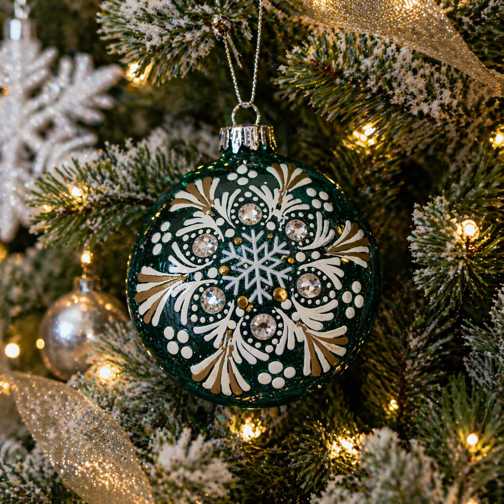 Hand-Painted Snowflake Ornament | 3” Shatterproof Green Christmas Decor | Winter